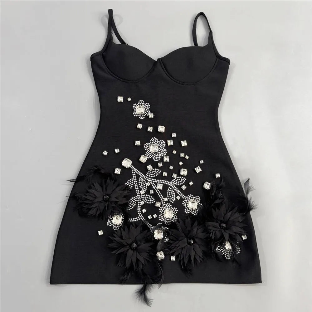 2026 New Arrival Women Spaghetti Strap Bandage Dress Luxury Rhinestones Diamond Club Party Mini Clothes
