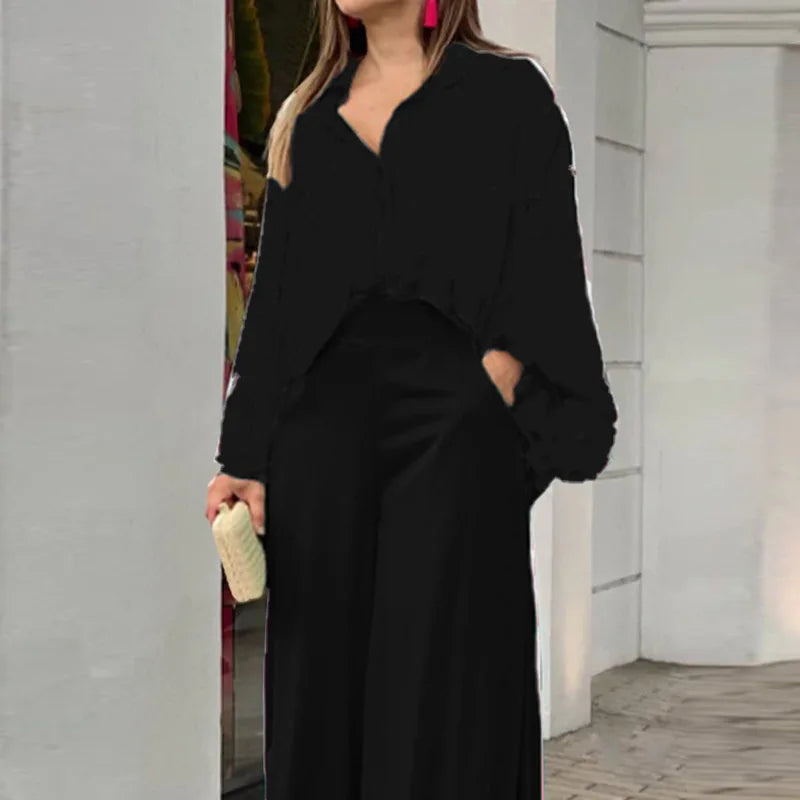 Fashion Print Set Women Casual Long Sleeve Button Shirt+Pockets High Waist Wide Leg Pants Office 2 Piece Sets Lady Spring Summer