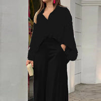 Fashion Print Set Women Casual Long Sleeve Button Shirt+Pockets High Waist Wide Leg Pants Office 2 Piece Sets Lady Spring Summer