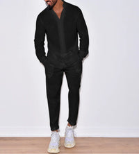 Men's casual cotton and linen suit, fashion comfortable linen solid color stand collar shirt street loose long sleeve two-piece