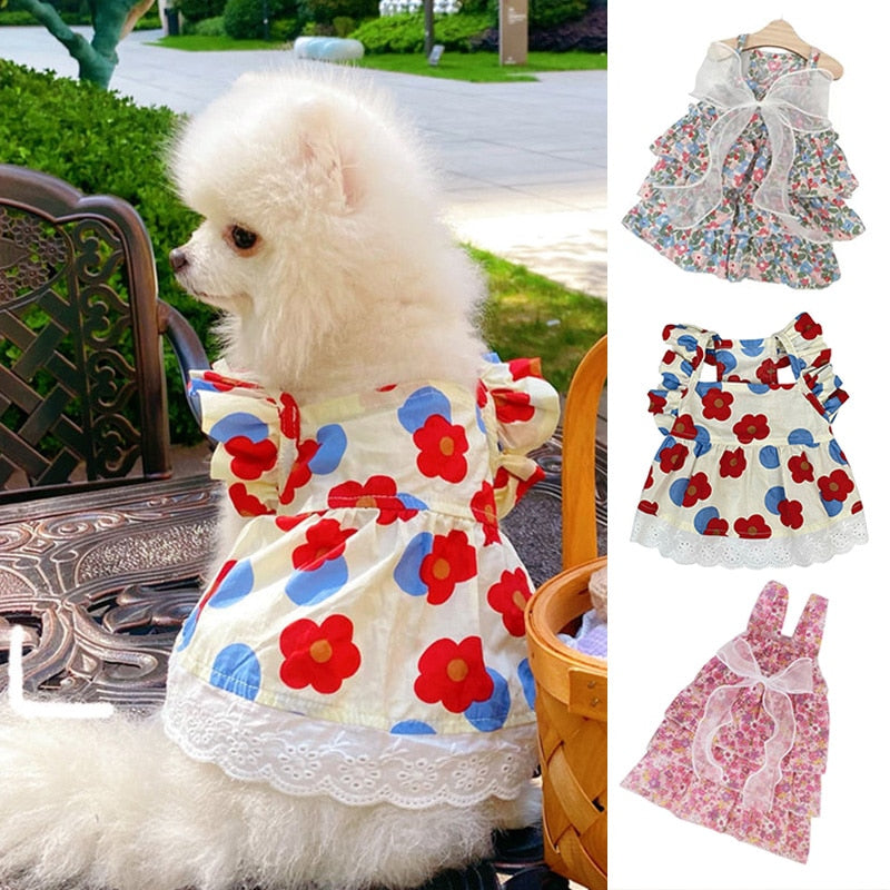 Princess Style Dog Dresses Pet Floral Skirt Cotton Suspender Pet Clothing Mesh Skirt Sweet Dog Clothes for Small Dogs Pet Items