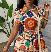2026Women's Summer Floral Print Shirt Dress Puff Sleeve Ruffle Hem A-Line Mini Dress