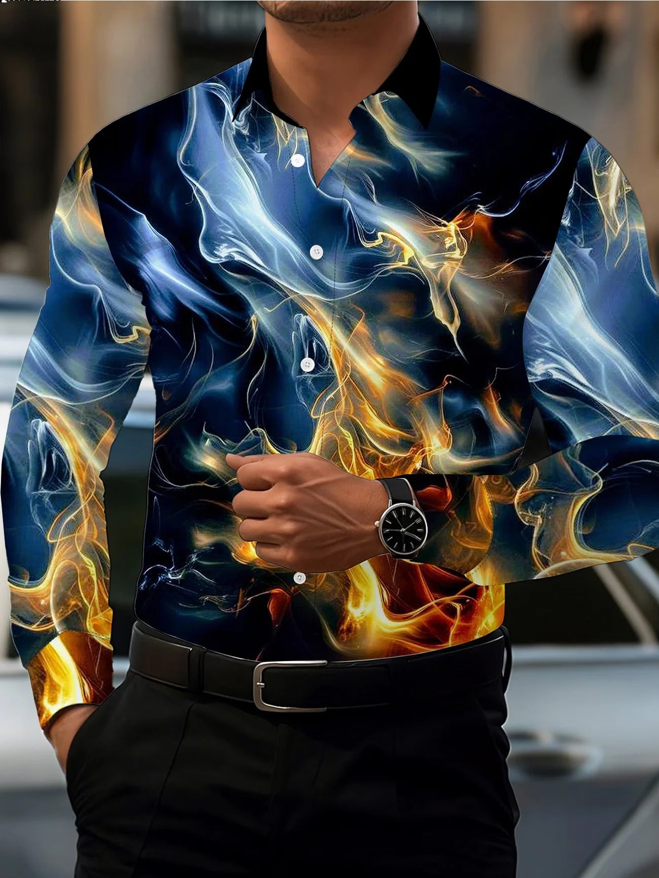New Orange Bottom Geometric Diamond Wings Printed Men's Long Sleeve Shirt with Collar and Satin Shirt Clothing