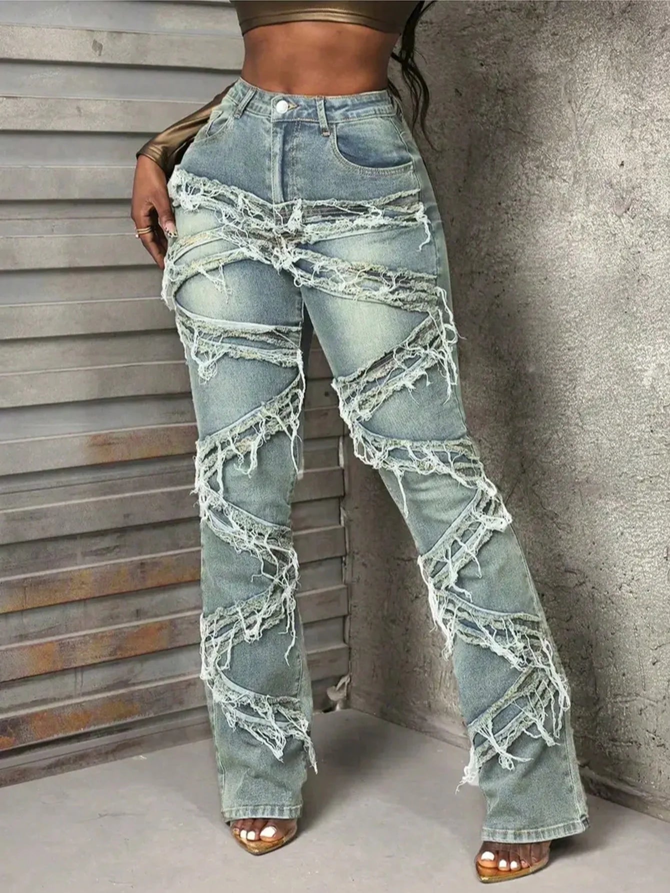 Y2K 90s Street Style Women's Vintage Fringed Distressed Flare Jeans - High Stretch Unique Tassel Design Hip Hop Fashion for All