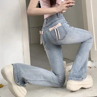 Womens Jeans Lace Denim Pants for Women High Waist Shot Bow Tie Stylish Loosefit Trousers Office Medium Wash 2025 Quality Cool Z