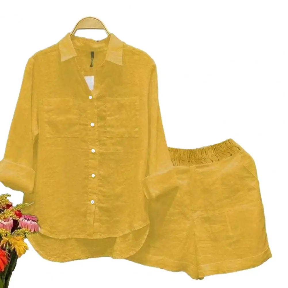 2025 Women Shirt Shorts Set Loose Irregular Hem Lapel Long Sleeves Shirt Top Elastic Waist Wide Leg Shorts Female Summer Outfit