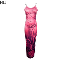 HLJ Fashion Print Bodycon Lace Up Suspended Dress Women Thin Strap Sleeveless Slim Mid Dresses Female Party Club Vestidos 2023