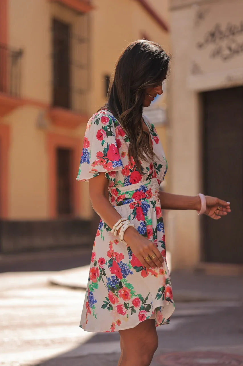 Euro-American Style Ivory Floral Print Deep V Flounce Sleeve Elastic Waist A-Line Summer Daily Date Vacation Mini Dress