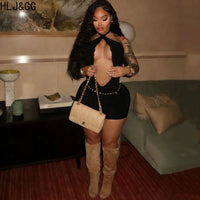HLJ&GG Sexy Hot Girl Lace Hollow Halter Bodycon Mini Dresses Women Backless Sleeveless Slim Vestidos Fashion Party Club Clothing