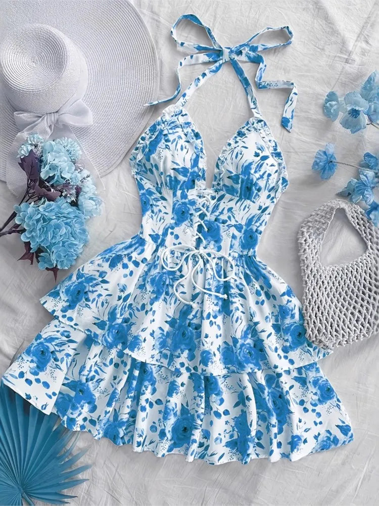 Women Vacation Style Retro Short Dresses Fashion Watercolor Rose Print Halter Lace-up Ruffled Decorative Dress 2025 Sexy Vestido