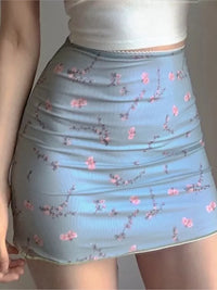 Floral Print Mesh High Waist Mini Skirt Ladies Kawaii skirt premium pastel Lace-up sweet Y2k Harajuku Kawaii Sexy Pencil Skirt