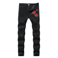 European and American Men's Casual Jeans with Embroidered Roses, Fashionable Ripped, Slim-fit, Stretch, Ankle-length Trousers