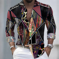 Summer lightweight men's printed long-sleeved shirt, retro floral plaid color-blocked casual shirt, Hawaiian vacation style top.