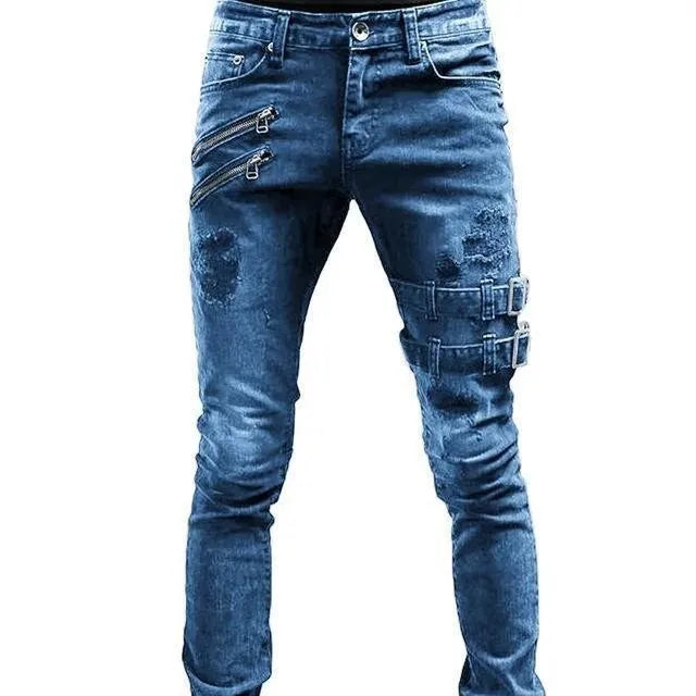 Men Jeans Denim Pencil Pants Mid Waist Moto Biker Washing Pockets Slim Slight Strech Sheath Ankle Length Zipper Fly 2024