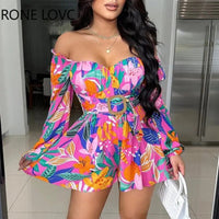 Women Elegant All Over Print Off Shoulder Sexy Long Sleeves Vacation Sexy Romper