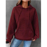 Autumn 2023 Solid Casual Loose Fitting Hooded Long Sleeved Patchwork Waffle Sweater for Women