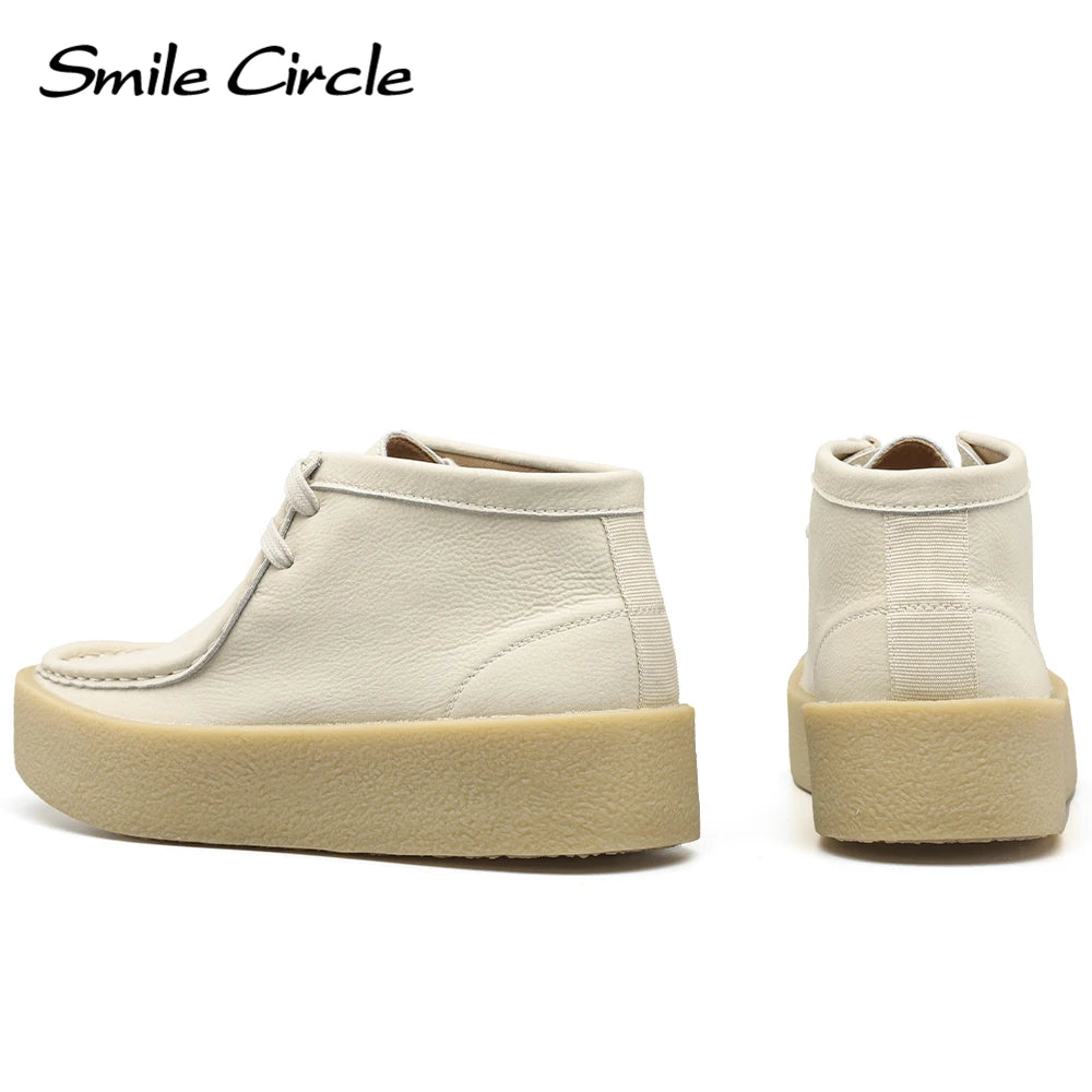 Smile Circle Wallabee Cup Ankle Boots Women Round Toe Lace-up Flat Shoes Genuine Leather Hi-top Casual Shoes