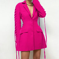 2023 Fashion Women Mid-length Blazer Elegant Pocket Slim Sexy Blazer Coat Street Long Sleeve Bandage Button Club Party Dress