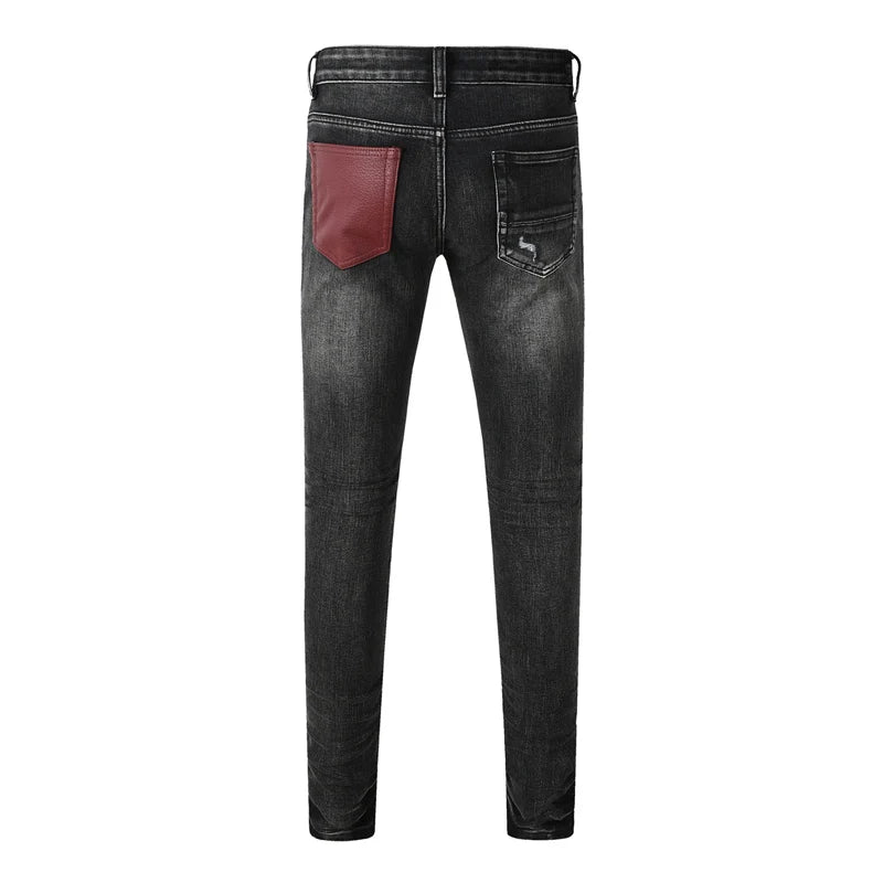 Fashionable new men's jeans with pleats, washed water, nostalgic perforations, red patches, men's black and gray jeans, high str