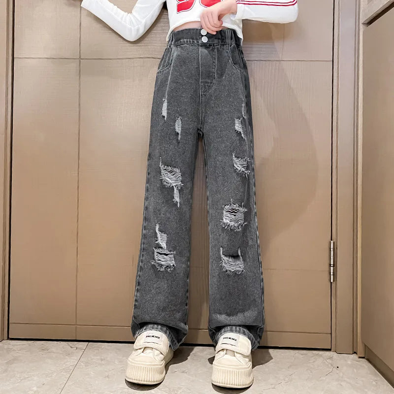 Jeans for Girls 2024 New Fashion Cartoon Printed Long Denim Trousers Teens Kids Cute Dog Pattern Wide Leg Pants 5 7 9 11 13 14Y