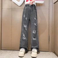 Jeans for Girls 2024 New Fashion Cartoon Printed Long Denim Trousers Teens Kids Cute Dog Pattern Wide Leg Pants 5 7 9 11 13 14Y