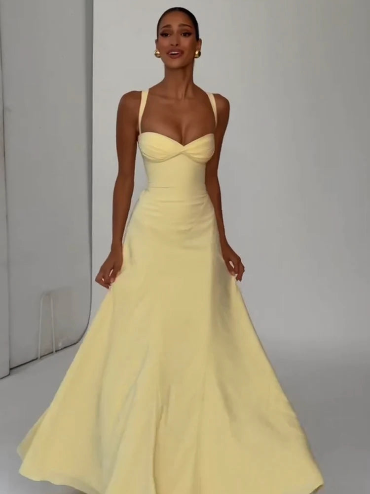 Elegant Yellow Strapless Pleated Long Dress Women Chic Solid Sleeveless Waist Cinching Split Gown 2026 Lady Evening Party Robe