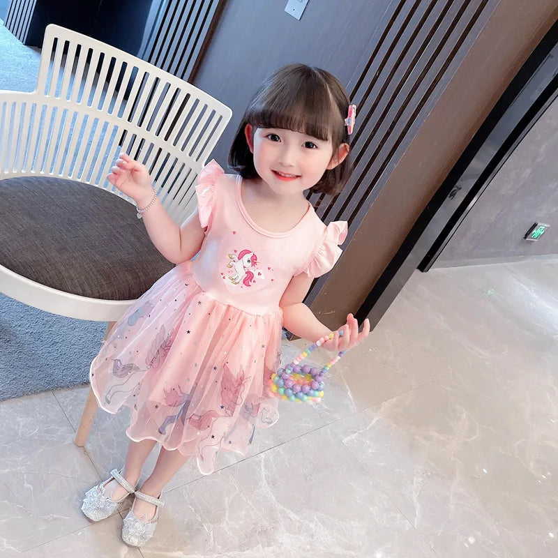 Girls Clothes 2023 New Summer Princess Dresses Flying Sleeve Kids Dress Unicorn Party Baby Dresses for Children Clothing 3-8Y