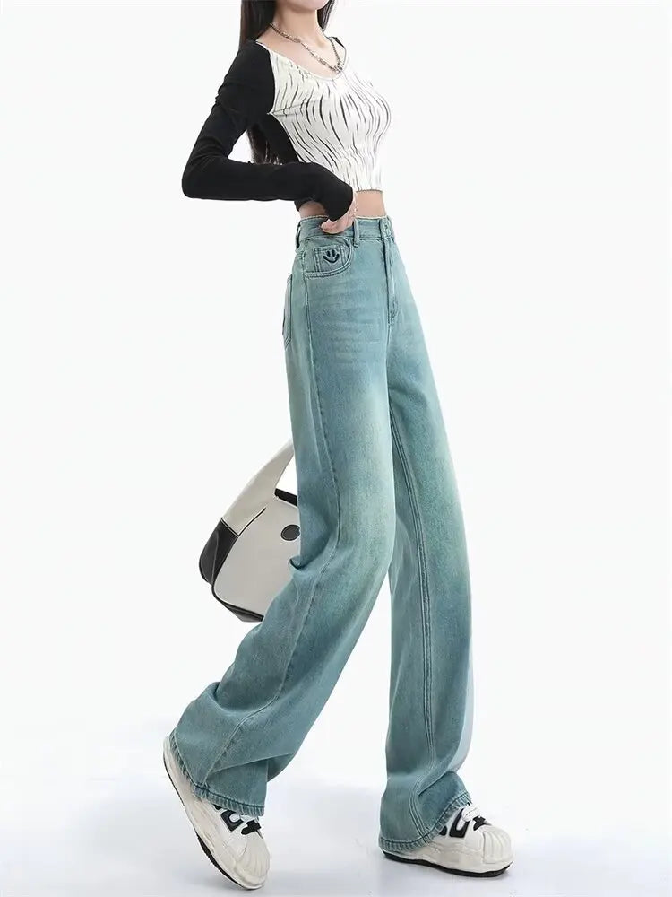 Women Comfortable Thin Denim Pants New Female Vintage Mid Waisted Jeans Pants Girls Smile Edition Straight Leg Jeans Trousers