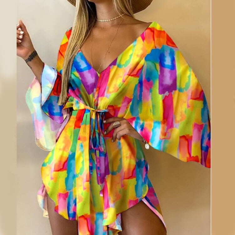 New Recreational Girls in Summer 2022, Feather Printed Bat Winged Sleeve Asymmetric Dress