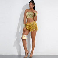 Women Sexy Sequins Tassel Skirts Shorts Shiny Elastic Waist Booty Shorts Party Dance Raves Festival Bottoms Dancer Costume Wraps