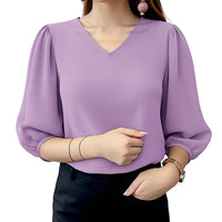 ZANZEA Women Crinkled Texture Puff Sleeve Blouse, Elegant O Neck 3/4 Sleeve Blusas Mujer, Summer Fashion Solid Color Casual Tops