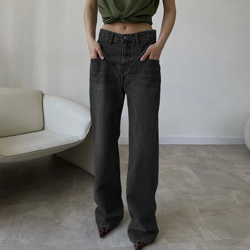 Fashion Spliced High Waist Women Jean Pants Summer High Street Straight Slim Denim Trousers Vintage Loose Female Wide Leg Jeans