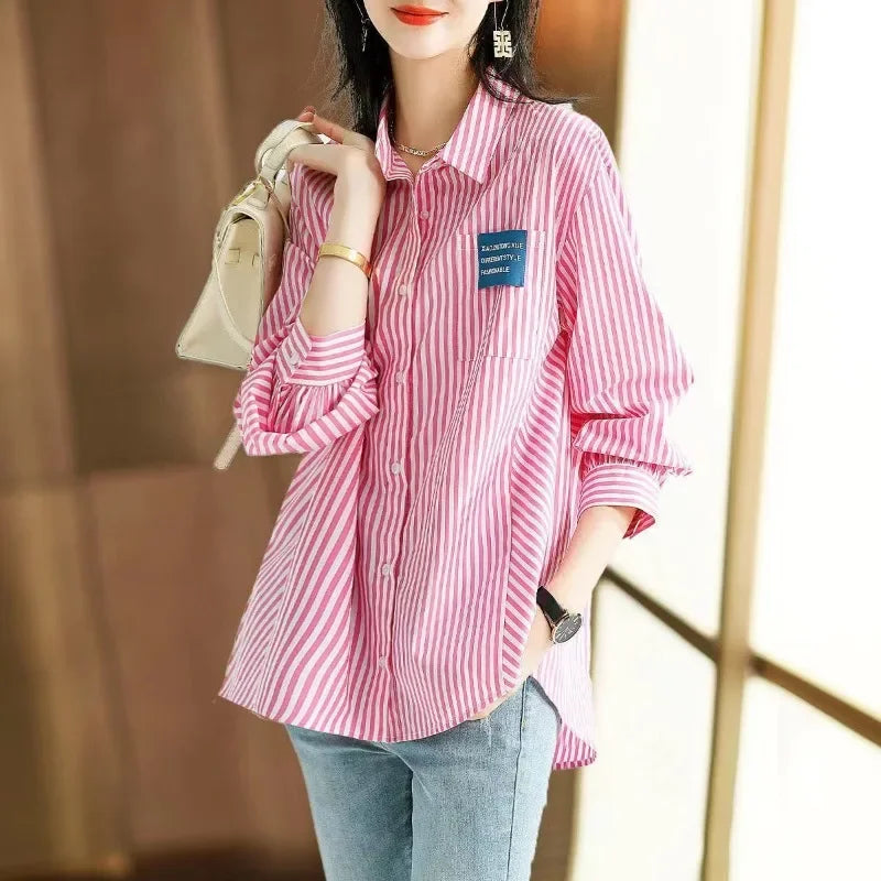 Button Up Female Tops Crop Striped Women's Shirt And Blouse Vintage Xxl Premium Promotion Fashion 2025 Elegant Youth Offer