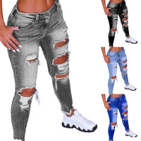 Women Fashion Hip Hop Broken Holes Denim Jeans Cord Ripped Pencil Pants