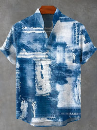 Men's Shirt Comfortable Short Sleeve Linen 100% Men's Shirt Elegant Geometric Striped Pattern Casual Fashionable Shirt