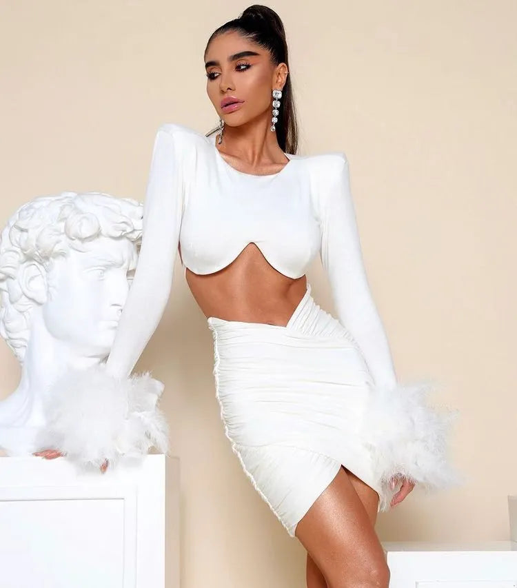 Black White New Winter Women Long Sleeve Feathers Sexy Waist Hollow Out Bodycon Mini Dress Rayon Bandage Fashion Nightclub Wear