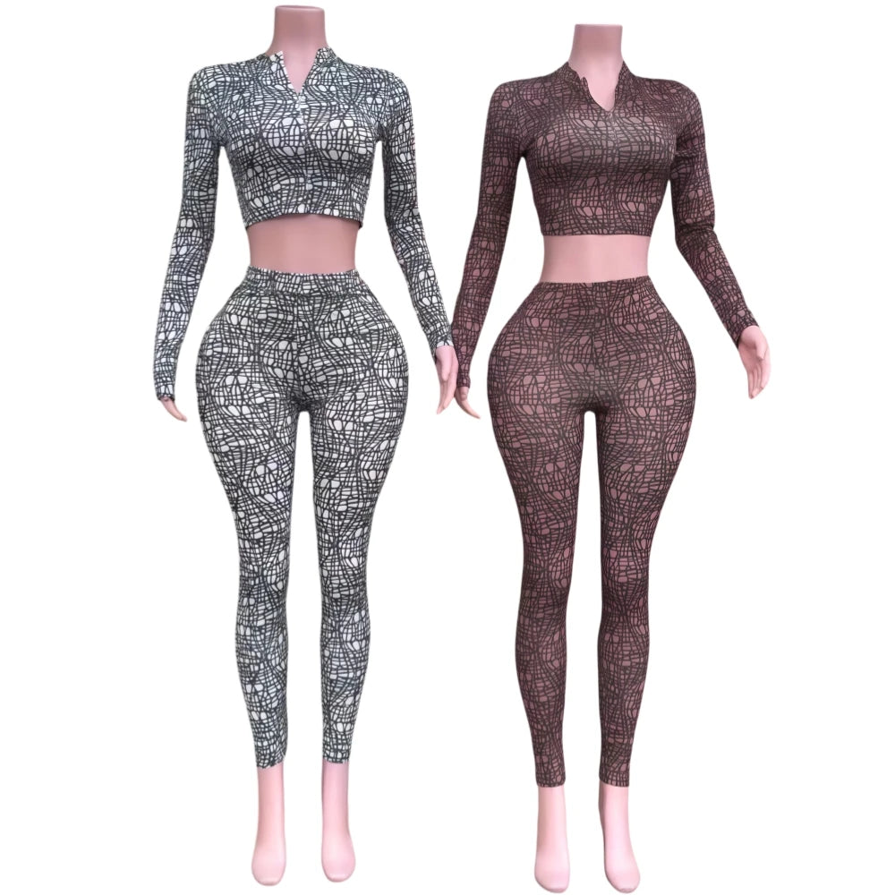 FAGADOER Sexy Stripe Patchwork 2 Pieces Set for Woman Outfit Solid Long Sleeves Crop Top and Leggings Pants Female Streetwear