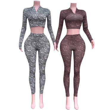 FAGADOER Sexy Stripe Patchwork 2 Pieces Set for Woman Outfit Solid Long Sleeves Crop Top and Leggings Pants Female Streetwear