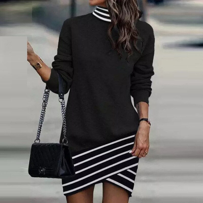 Fashion Women&#39;s High Collar Casual Long Sleeved Short Dress