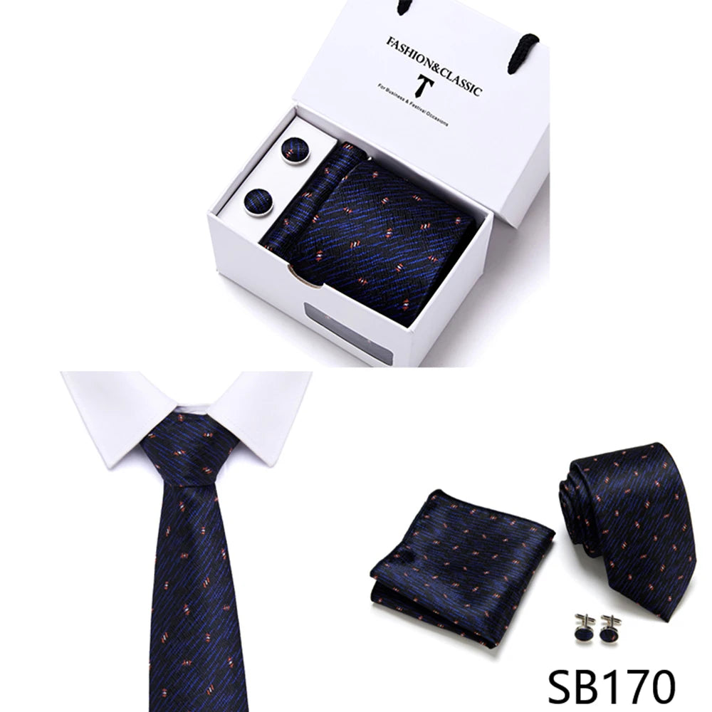 High Quality 7.5 cm Stripe Blue Tie Pocket Square Cufflinks Set For Men Gift Box Wedding Gravatas Fit Workplace
