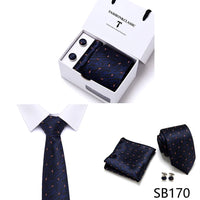High Quality 7.5 cm Stripe Blue Tie Pocket Square Cufflinks Set For Men Gift Box Wedding Gravatas Fit Workplace
