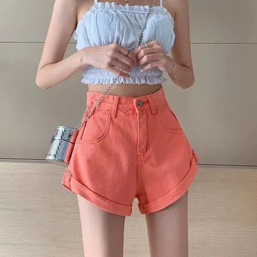 2023Candy Color Denim Shorts Women Summer Pink Sexy High Waist Crimping Jeans Shorts Solid Casual Female Shorts 11 colors choose