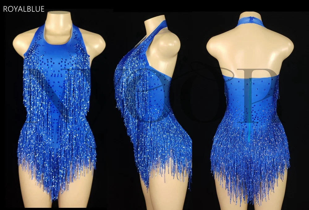 Sparkly Rhinestones Fringes Leotard Women Nightclub Party Outfit Dance Costume One-piece Stage Wear Sexy Performance Bodysuit