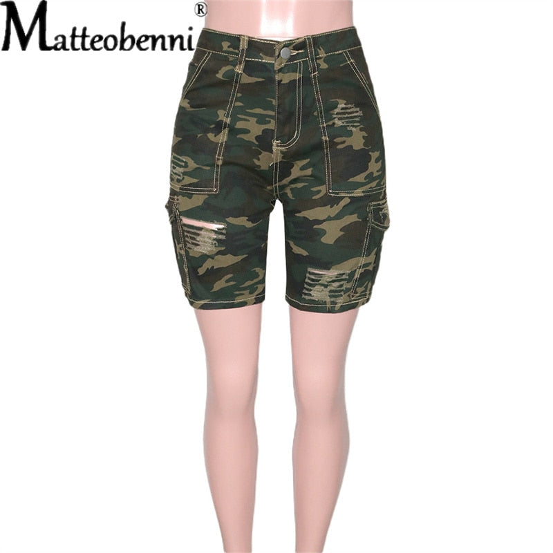 New Sexy Fashion Women Ladies Camouflage Print Denim Skinny Shorts High Waist Bodycon Slim Jeans Knee Length Stretch Short Jeans