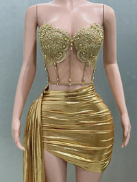 Gold Color Women Sexy 2 Pieces Strapless Bodycon Mini Dress Bar Singer Nightclub Party Celebrate Birthday Dress Wholesale