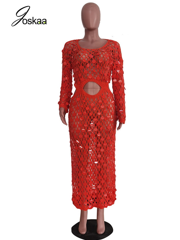 Joskaa Fishnet Knitting Hollow Sequins Maxi Dress Sexy See Through Holiday Long Sleeve Slim Summer 2023 Vacation Beach Dresses