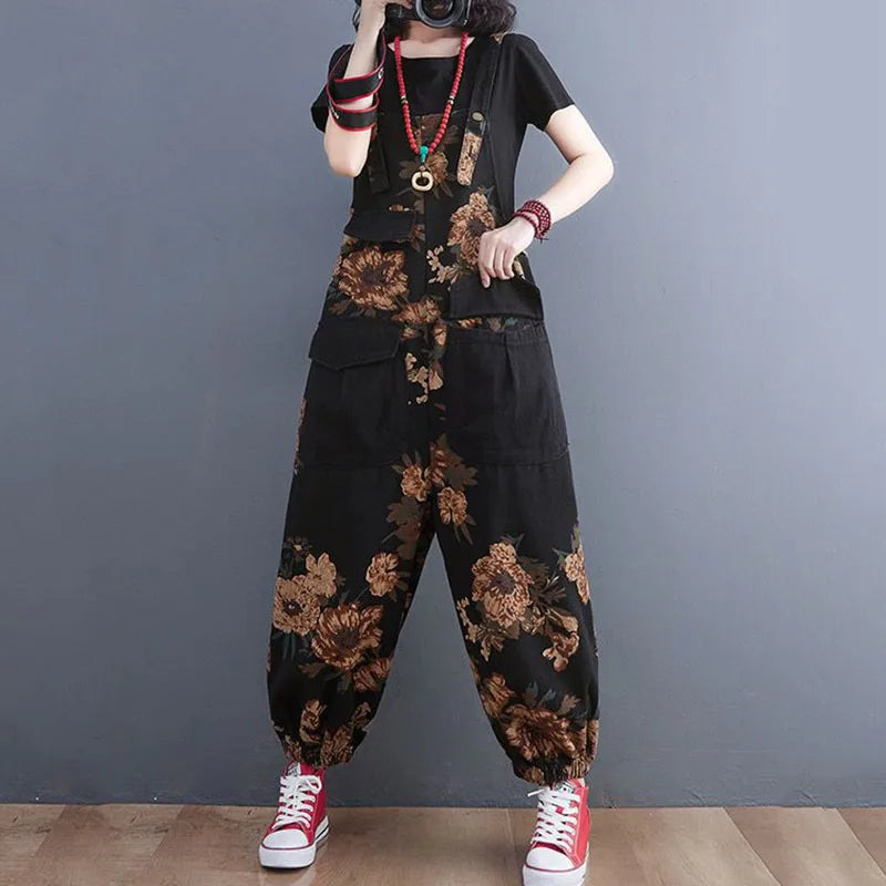 Women's Nine Split Jeans Overalls, Casual Female Print Jumpsuit, Loose Bloomers, Oversized Rompers, Suspenders, Fashion, Spring,