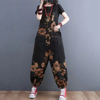 Women's Nine Split Jeans Overalls, Casual Female Print Jumpsuit, Loose Bloomers, Oversized Rompers, Suspenders, Fashion, Spring,