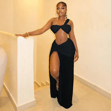 Women's One-Shoulder Strap Crop Bra Tops & Gauze Spliced Draped Split Long Skirt, 2pcs Set