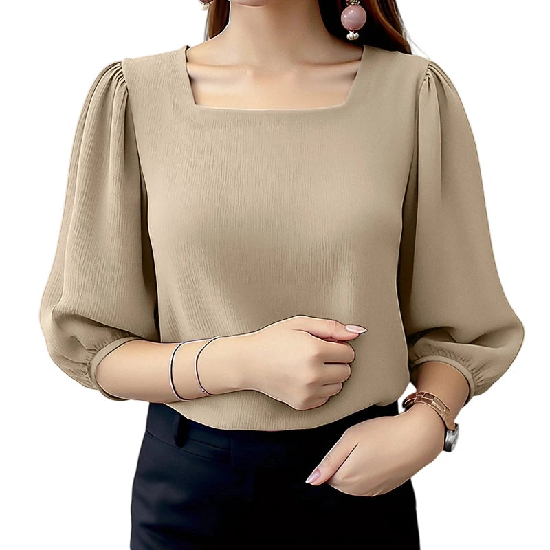 ZANZEA Women Crinkled Texture Puff Sleeve Blouse, Elegant O Neck 3/4 Sleeve Blusas Mujer, Summer Fashion Solid Color Casual Tops
